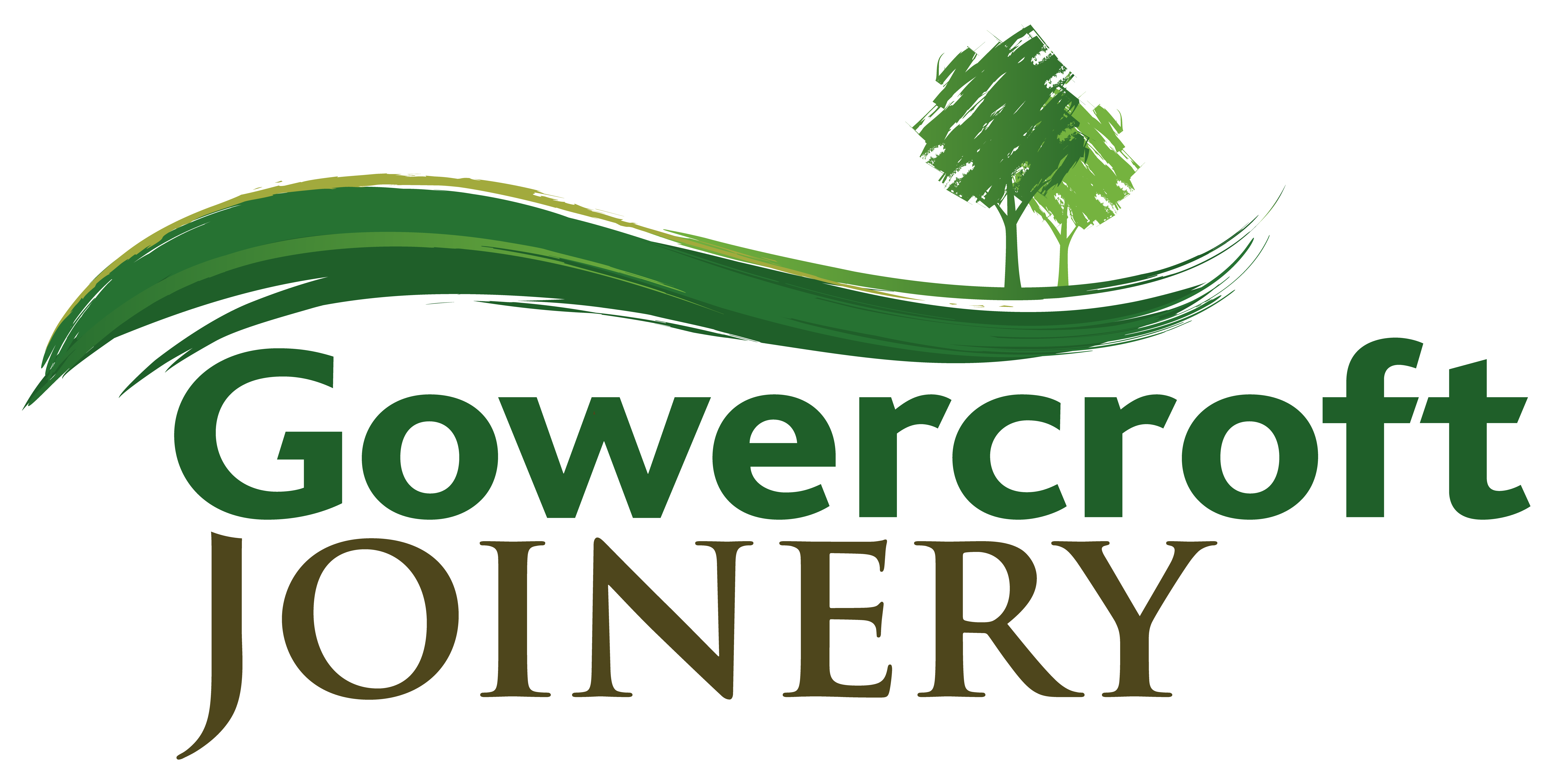 Logo of Gowercroft Joinery featuring a stylised green tree and sweeping green wave above the company name, with 'Gowercroft' in bold green text and 'Joinery' in smaller, elegant brown text below.